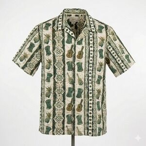 Vintage Howie Hawaiian Aloha Shirt Mens M Ukulele Pineapple Made in Hawaii Green